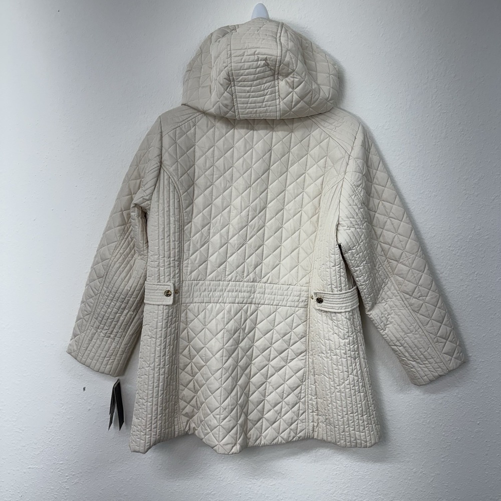 NWT Jones New York Woman Quilted Hooded Coat 0X White Sand Snap Zip Long Jacket